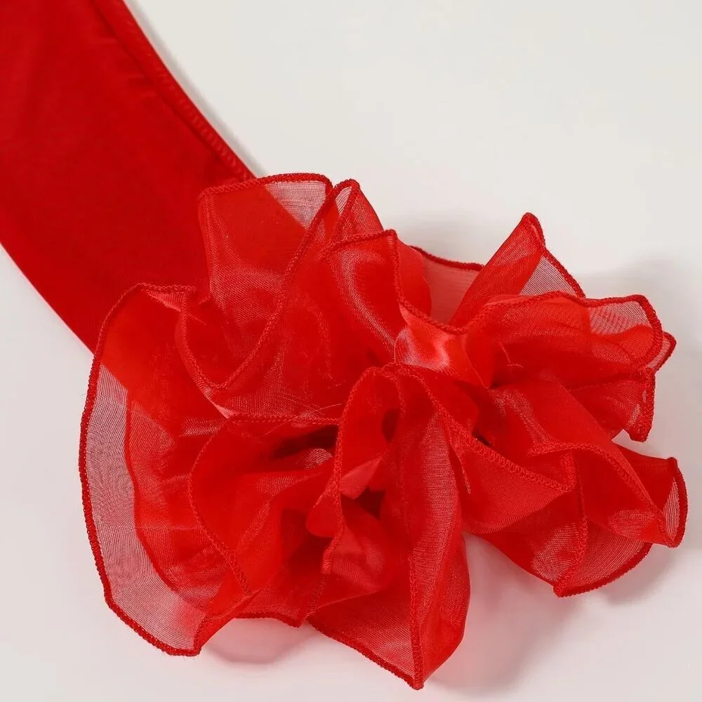 Women's Long Red Ruffle Puff Cuff Sleeve Mesh Gloves Wedding Party Costume